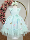 Vestido Infantil Verde Água com Apliques para Festas Jardim Encantado