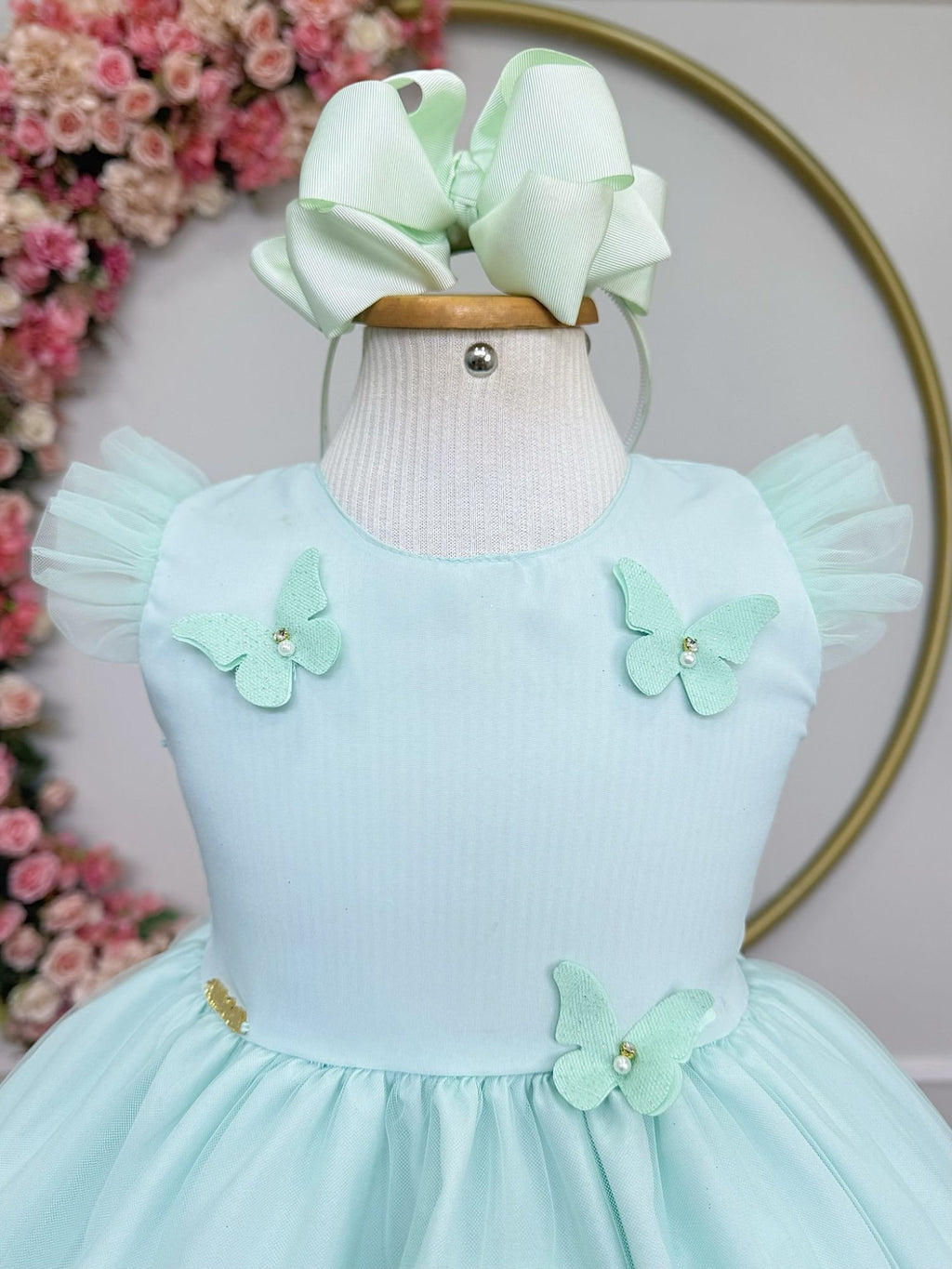 Vestido Infantil Verde Água com Apliques para Festas Jardim Encantado
