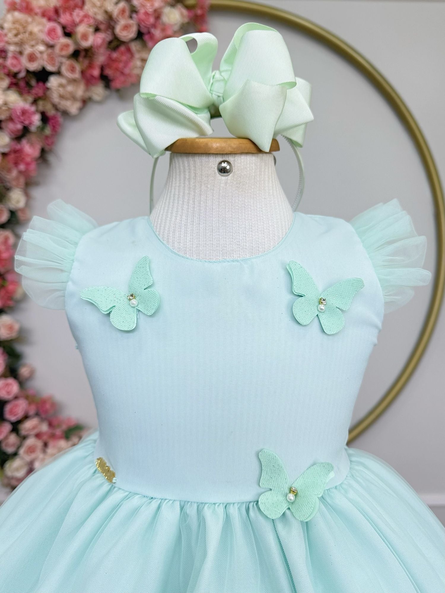 Vestido Infantil Verde Água com Apliques para Festas Jardim Encantado