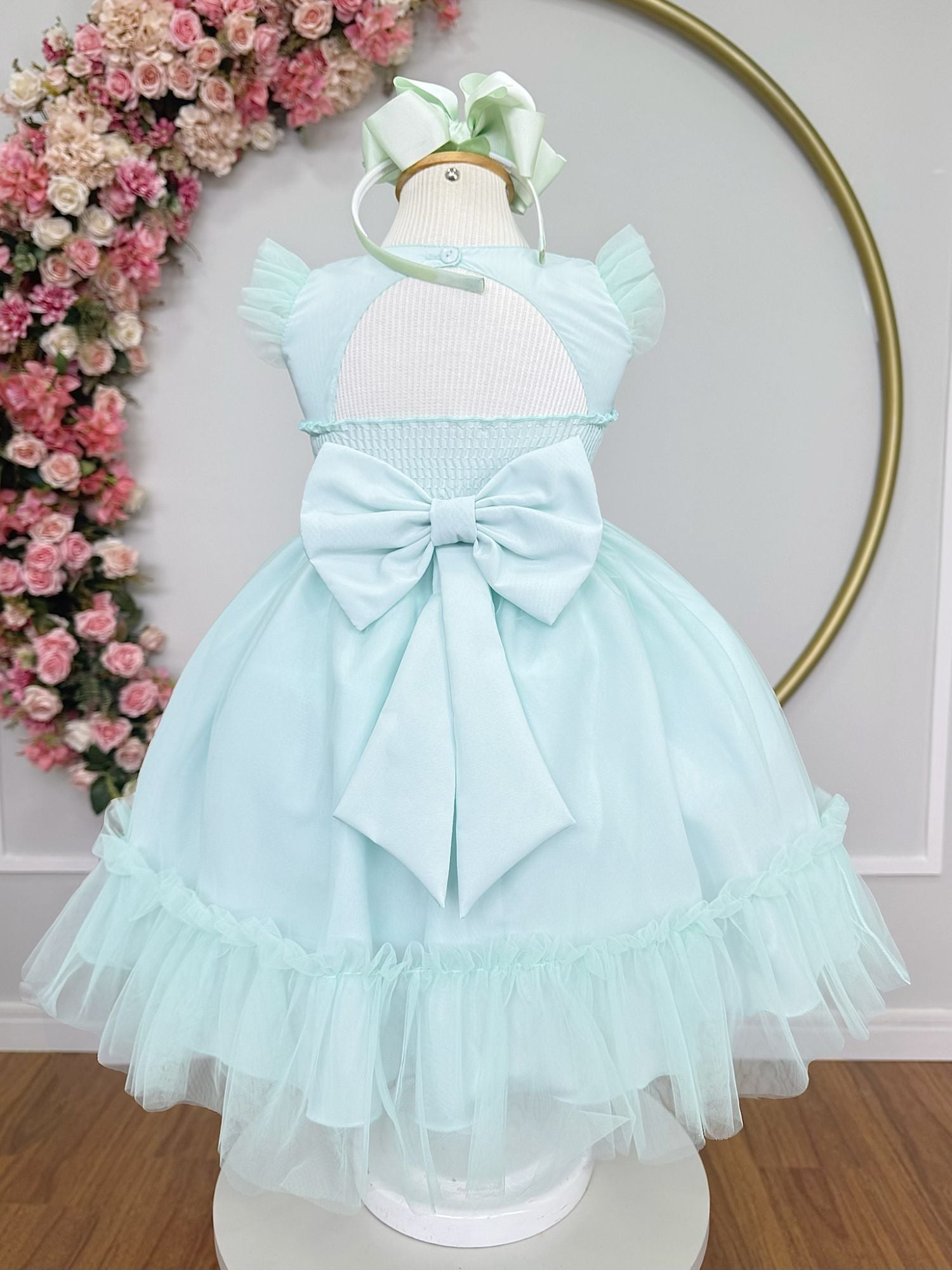 Vestido Infantil Verde Água com Apliques para Festas Jardim Encantado