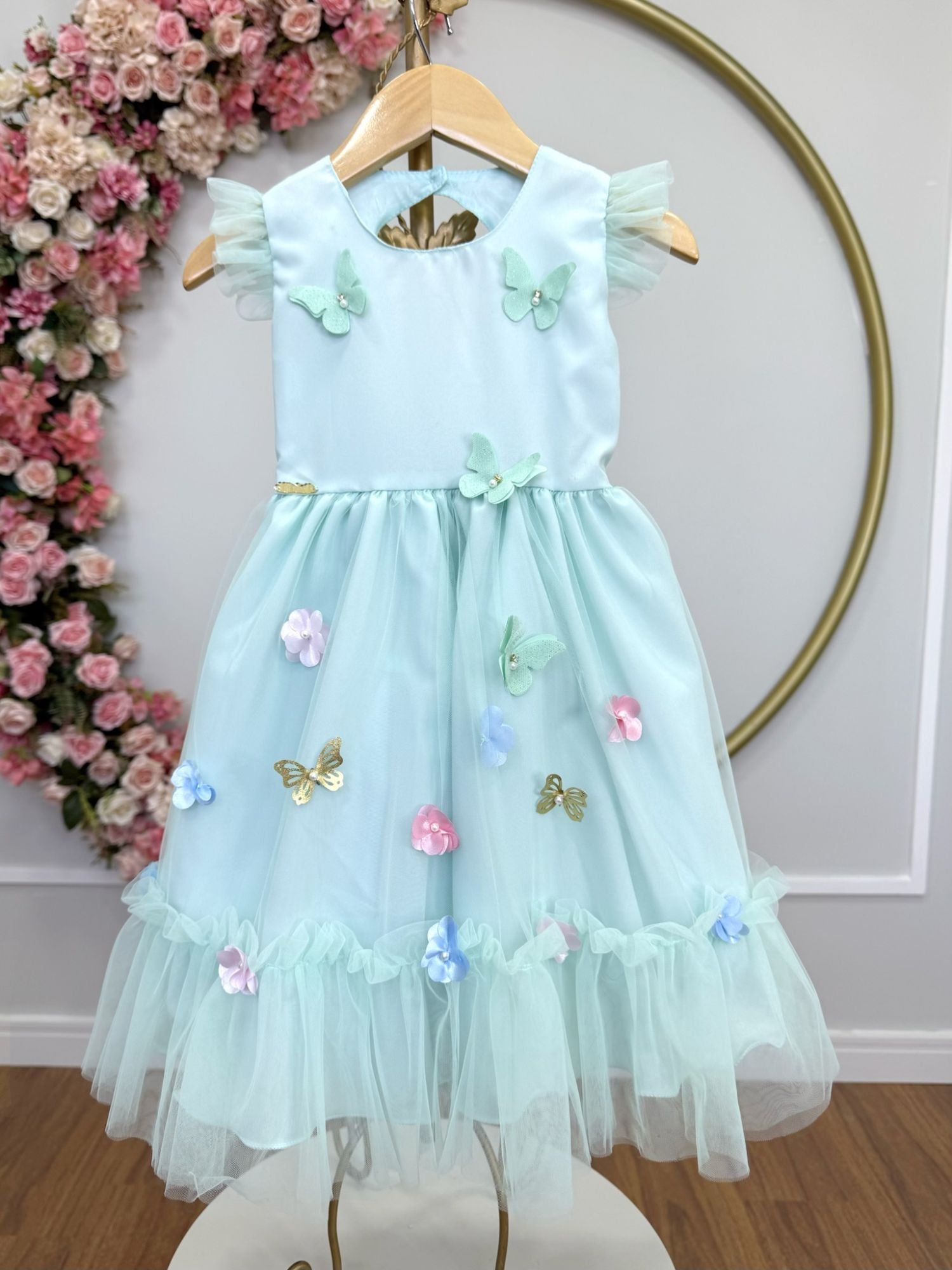 Vestido Infantil Verde Água com Apliques para Festas Jardim Encantado