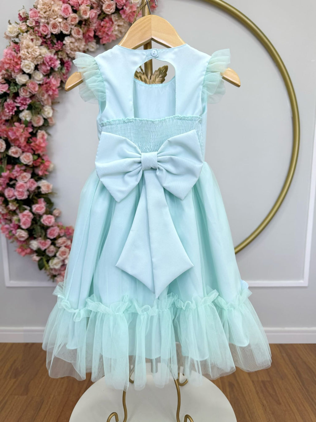 Vestido Infantil Verde Água com Apliques para Festas Jardim Encantado