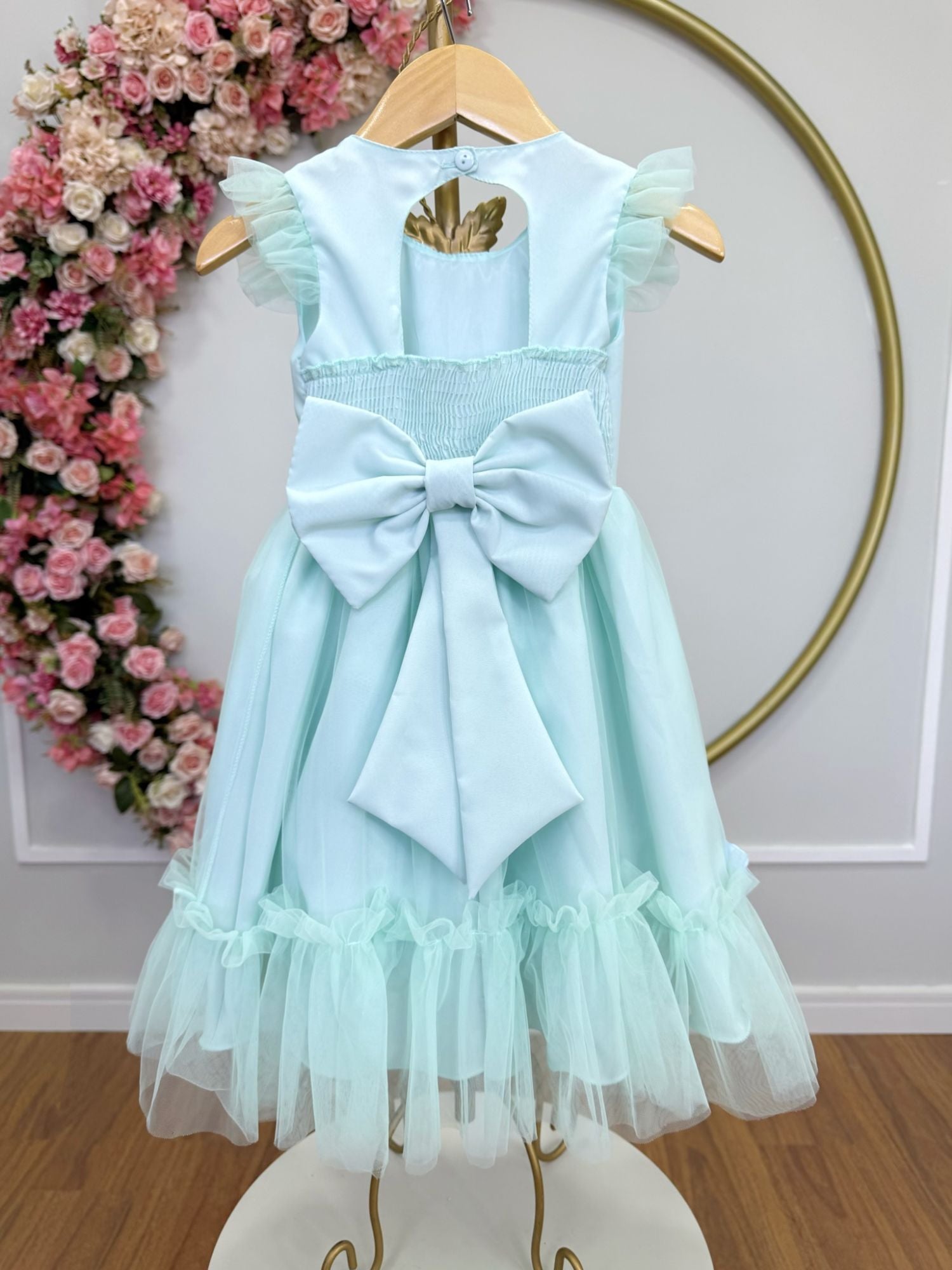 Vestido Infantil Verde Água com Apliques para Festas Jardim Encantado
