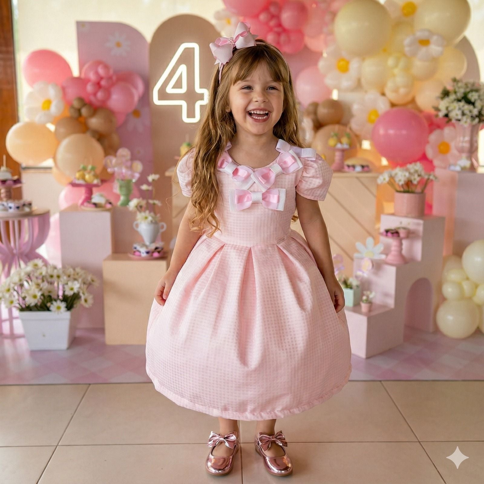 Vestido Rosa Bebê em Poliéster com Laços para Meninas