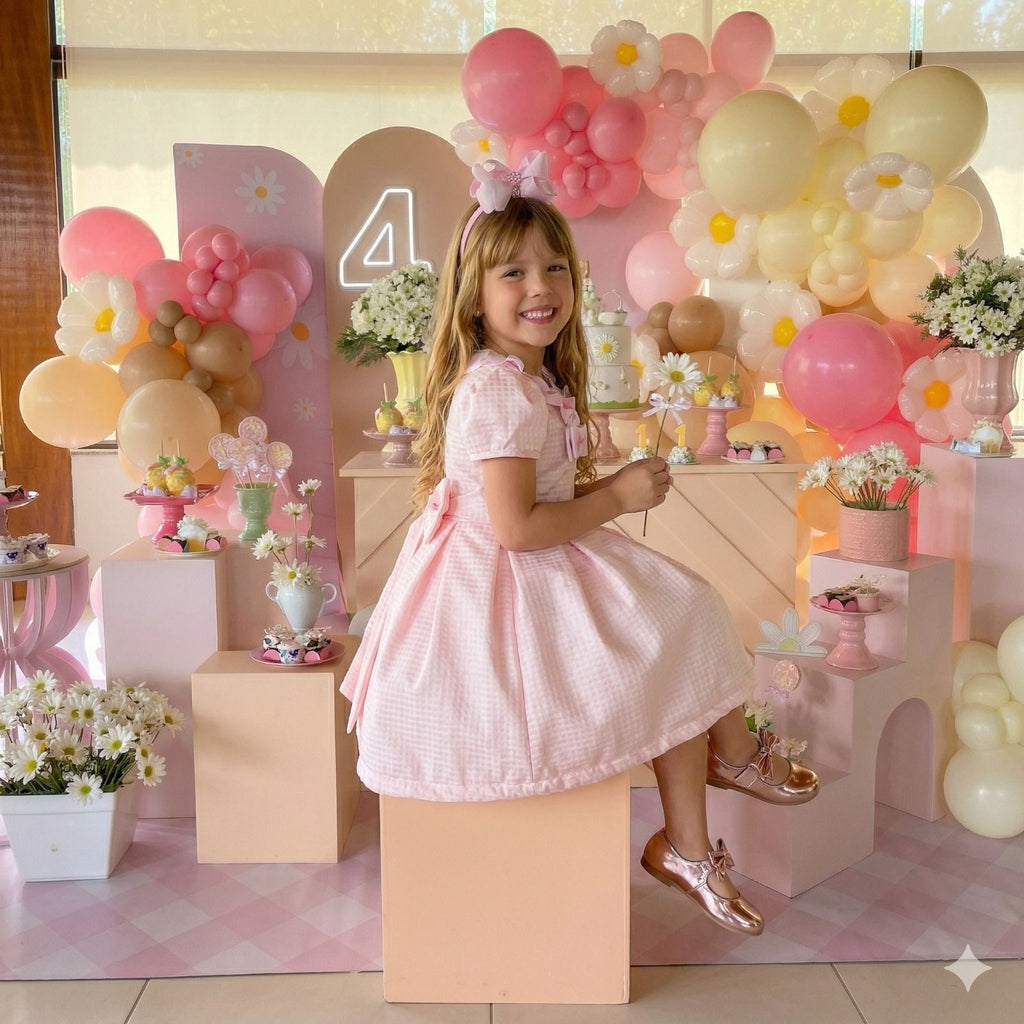 Vestido Rosa Bebê em Poliéster com Laços para Meninas