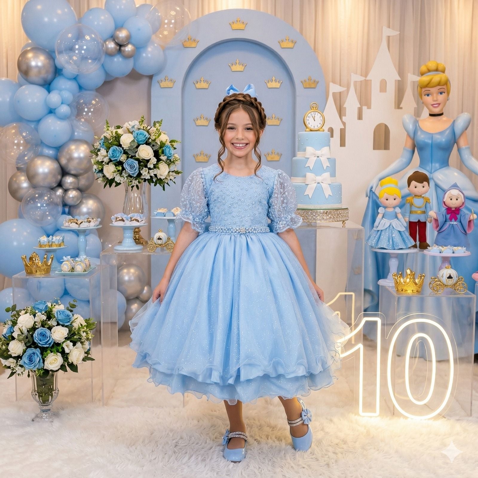Vestido Infantil Azul Bebê com Laço e Tecido Misto
