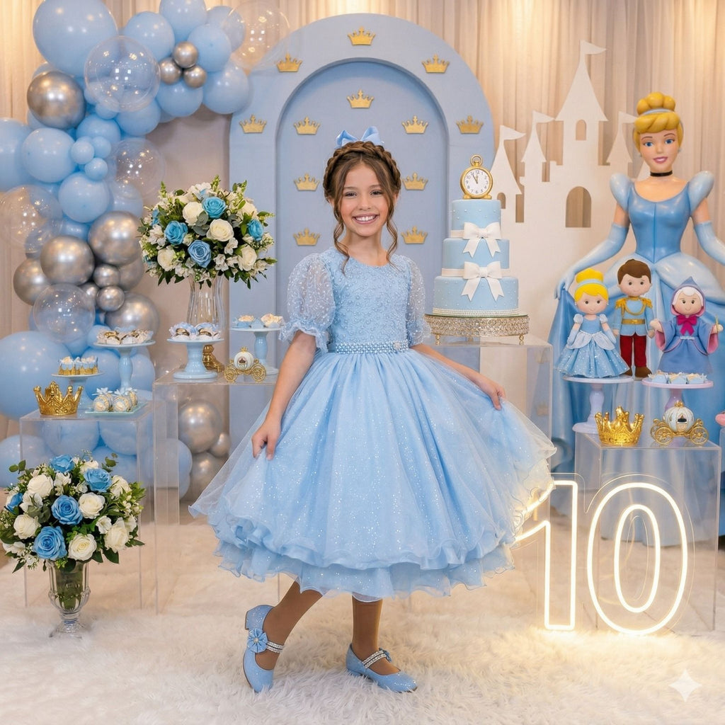 Vestido Infantil Azul Bebê com Laço e Tecido Misto