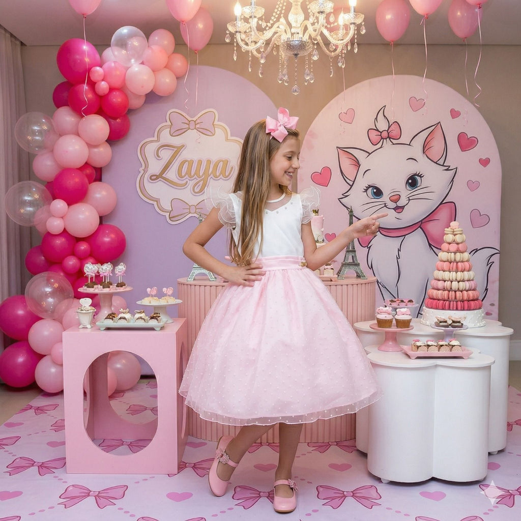 Vestido Infantil Rosa Bebê em Tule com Pérolas e Mangas de Tule