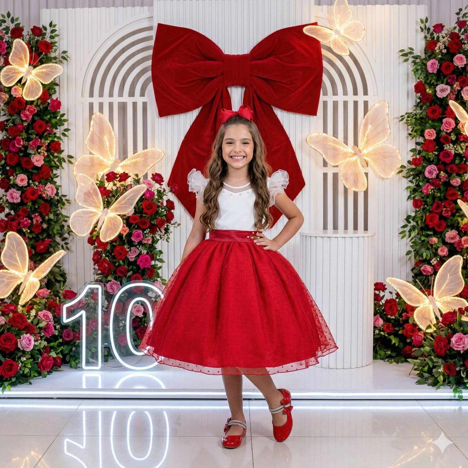 Vestido Infantil Vermelho em Tule Poá com Detalhes em Pérolas