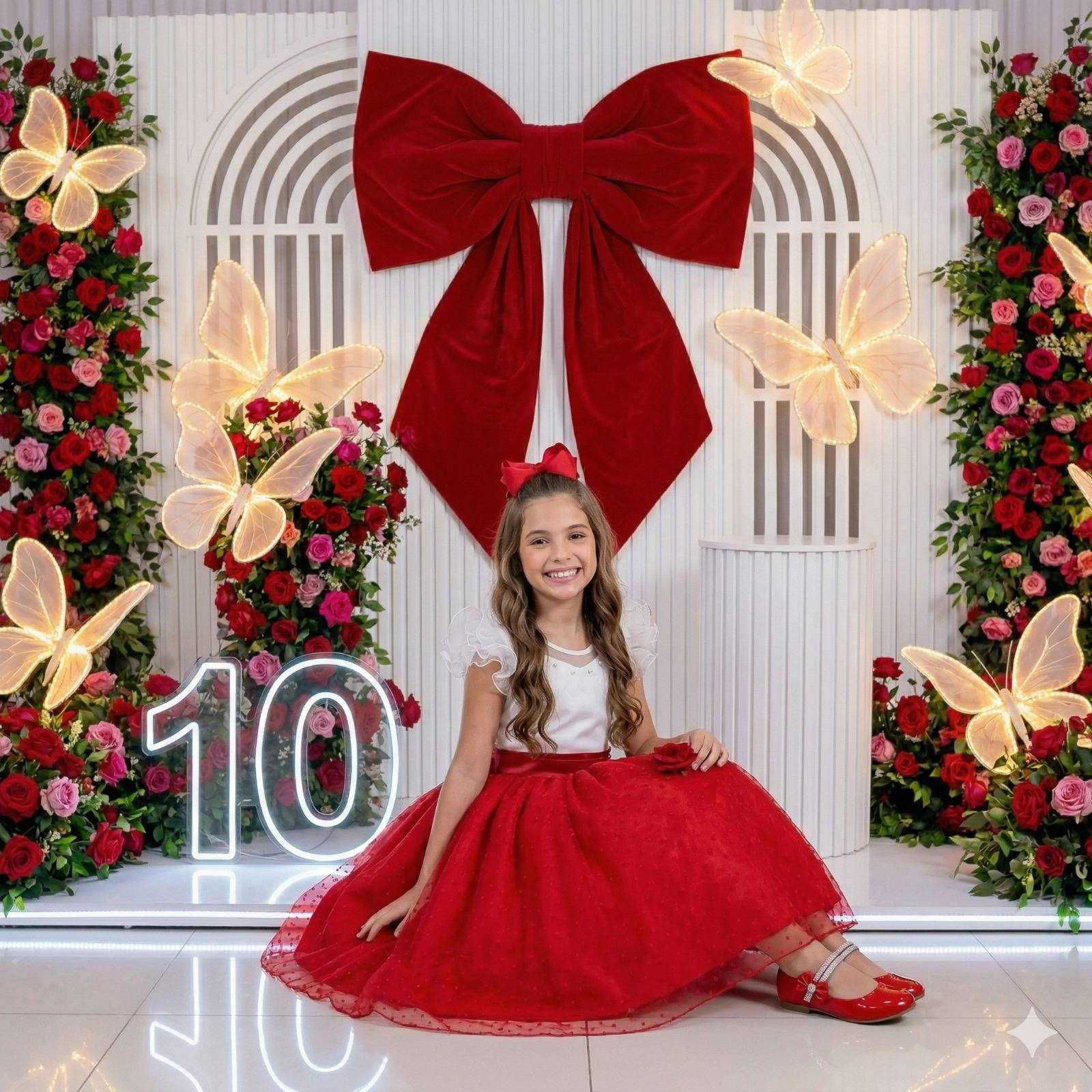Vestido Infantil Vermelho em Tule Poá com Detalhes em Pérolas