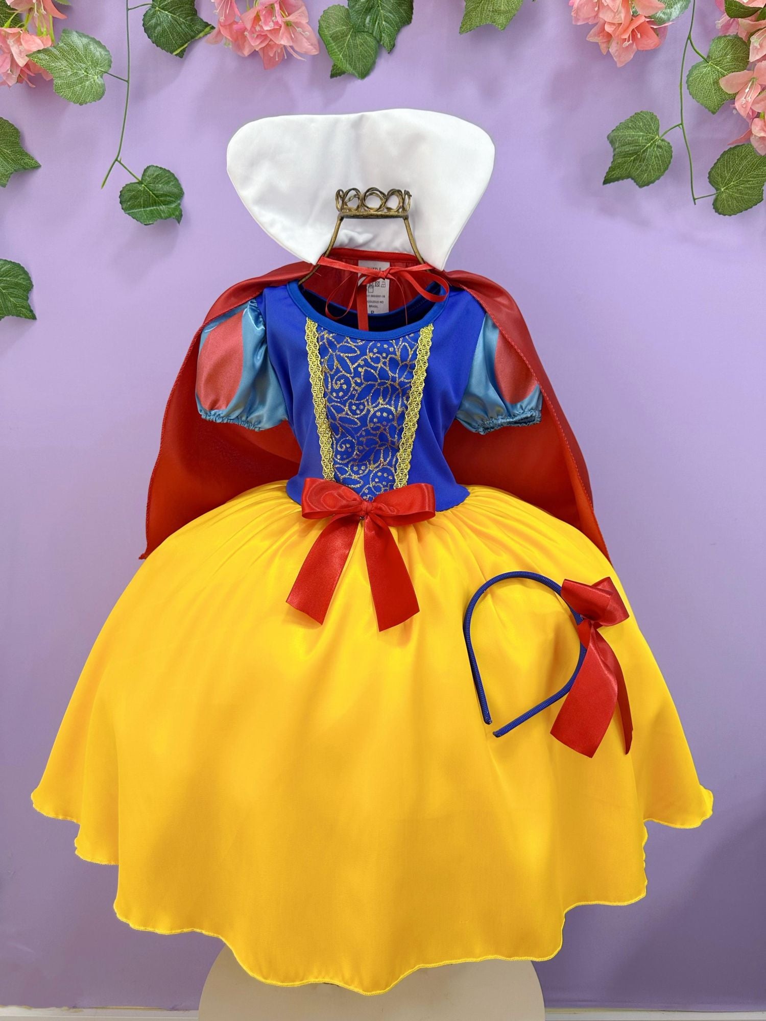 Fantasia Infantil Branca de Neve com Tiara e Capa Amarela