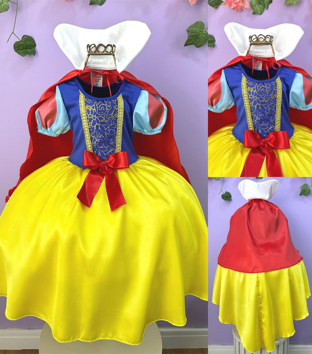 Fantasia Infantil Branca de Neve com Tiara e Capa Amarela