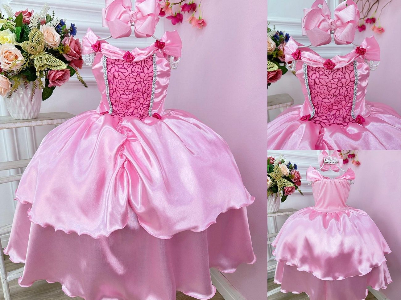 Fantasia Infantil Rosa com Estampa de Princesas Bela Adormecida e Aurora
