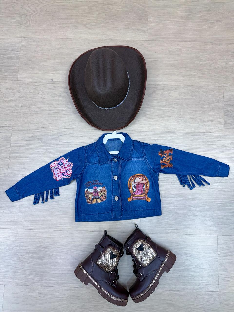 Jaqueta Infantil Country em Jeans 100% Algodão com Franjas e Patches