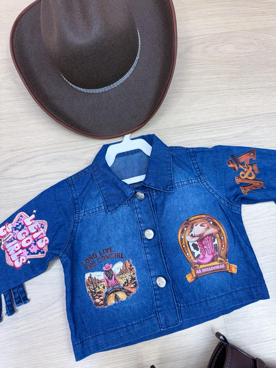 Jaqueta Infantil Country em Jeans 100% Algodão com Franjas e Patches