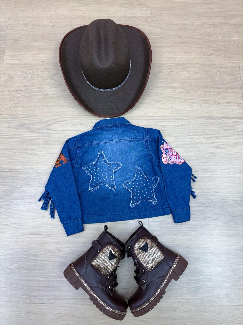 Jaqueta Infantil Country em Jeans 100% Algodão com Franjas e Patches