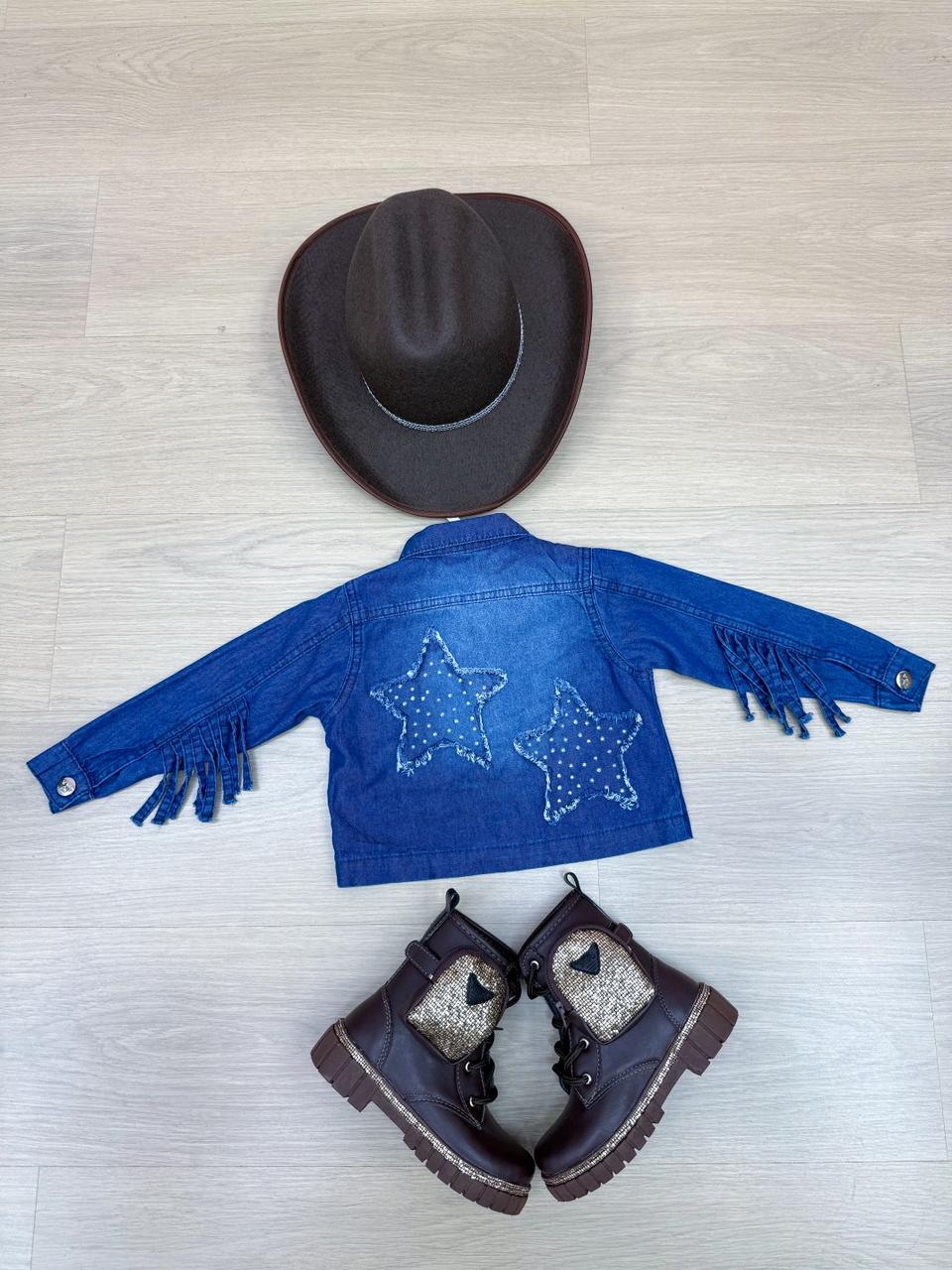 Jaqueta Infantil Country em Jeans 100% Algodão com Franjas e Patches