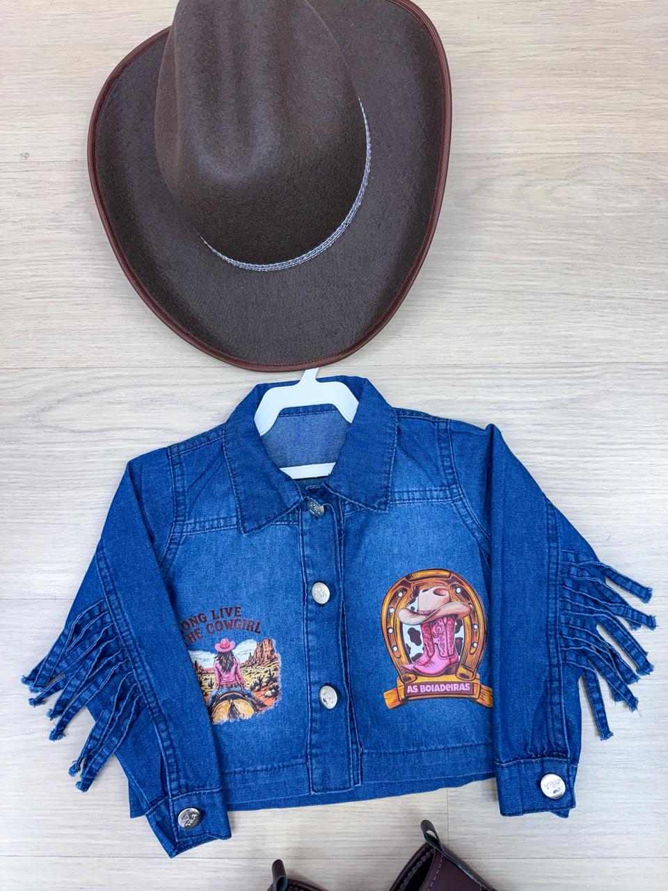 Jaqueta Infantil Country em Jeans 100% Algodão com Franjas e Patches