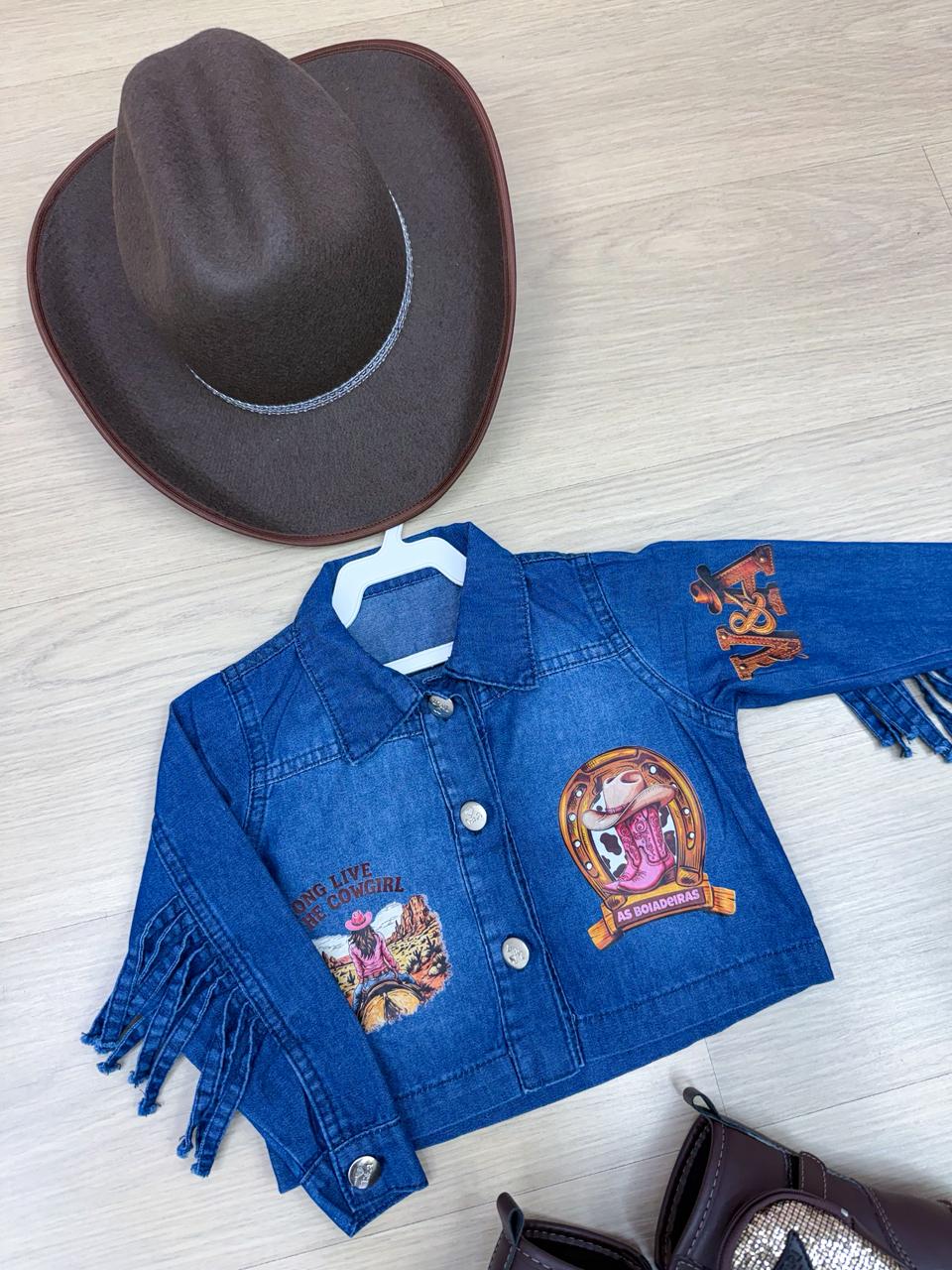 Jaqueta Infantil Country em Jeans 100% Algodão com Franjas e Patches