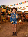 Jaqueta Infantil Country em Jeans 100% Algodão com Franjas e Patches