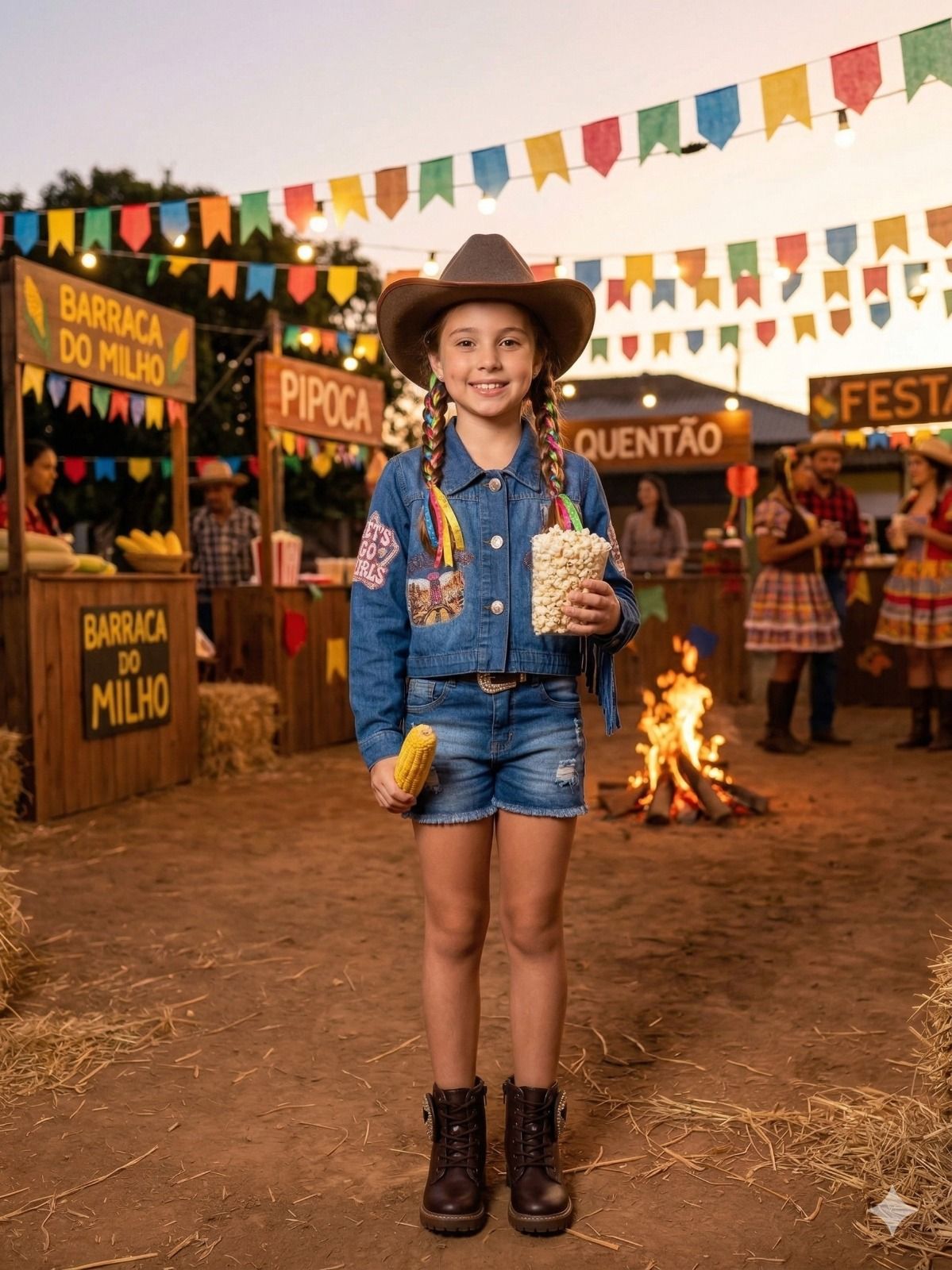 Jaqueta Infantil Country em Jeans 100% Algodão com Franjas e Patches