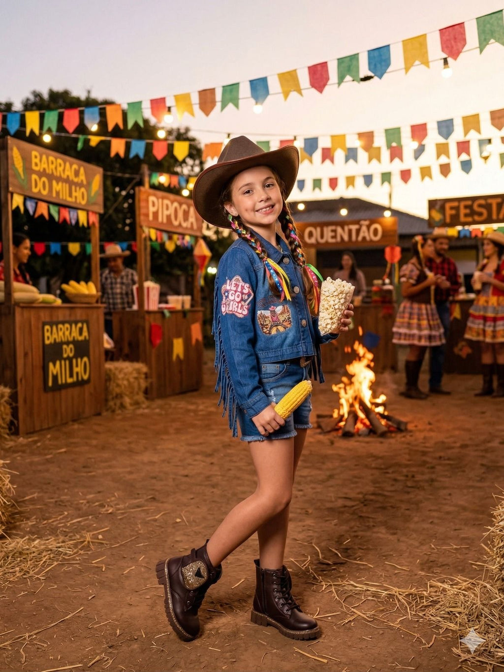 Jaqueta Infantil Country em Jeans 100% Algodão com Franjas e Patches