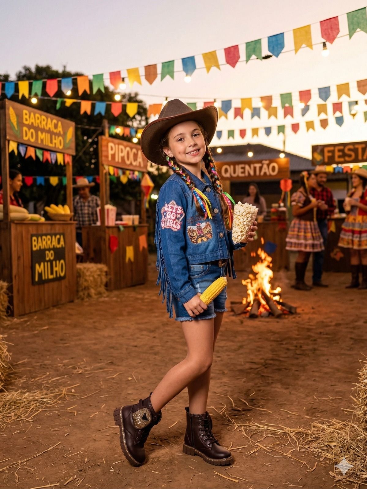 Jaqueta Infantil Country em Jeans 100% Algodão com Franjas e Patches
