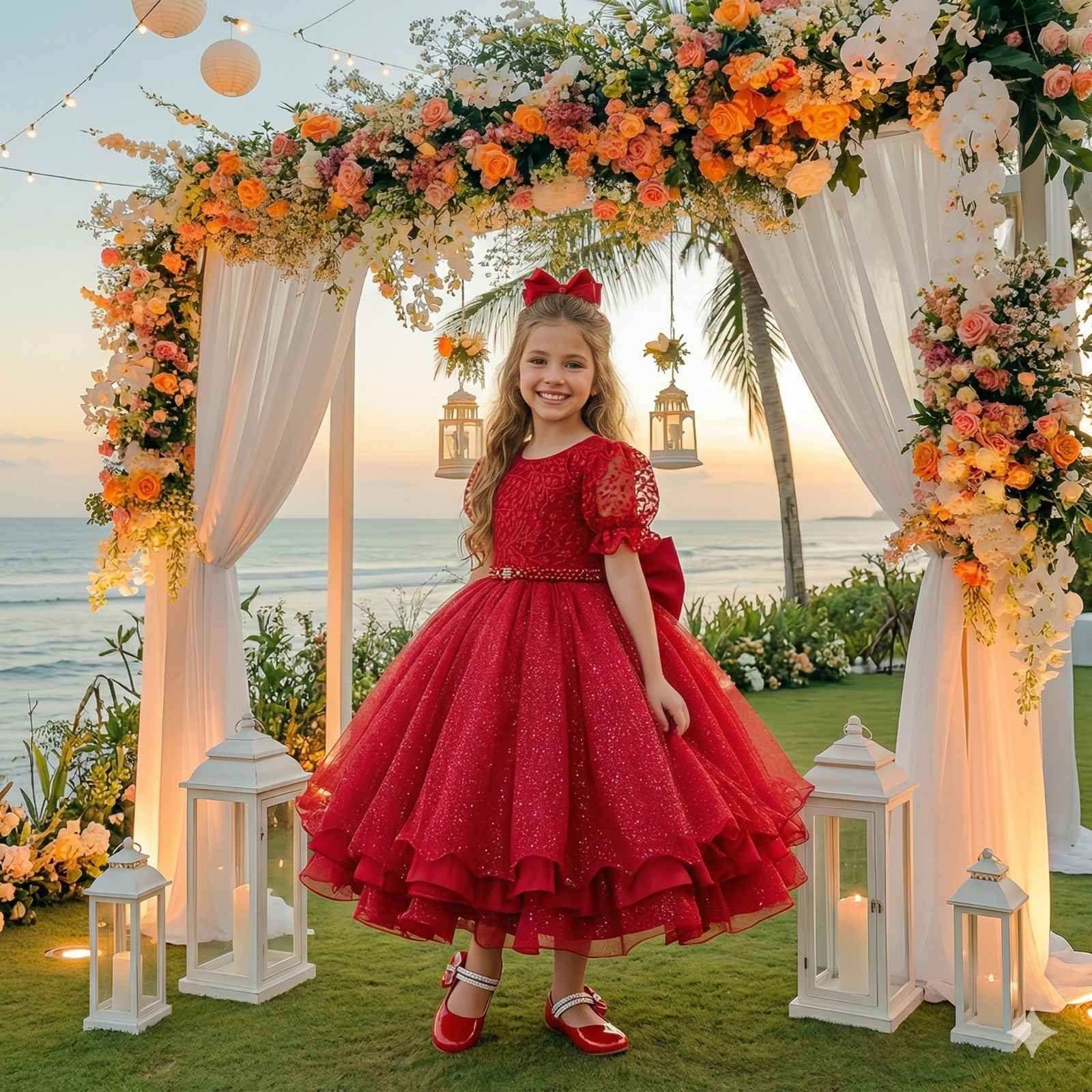 Vestido Infantil Vermelho em Tecido Misto com Gola Redonda e Laço