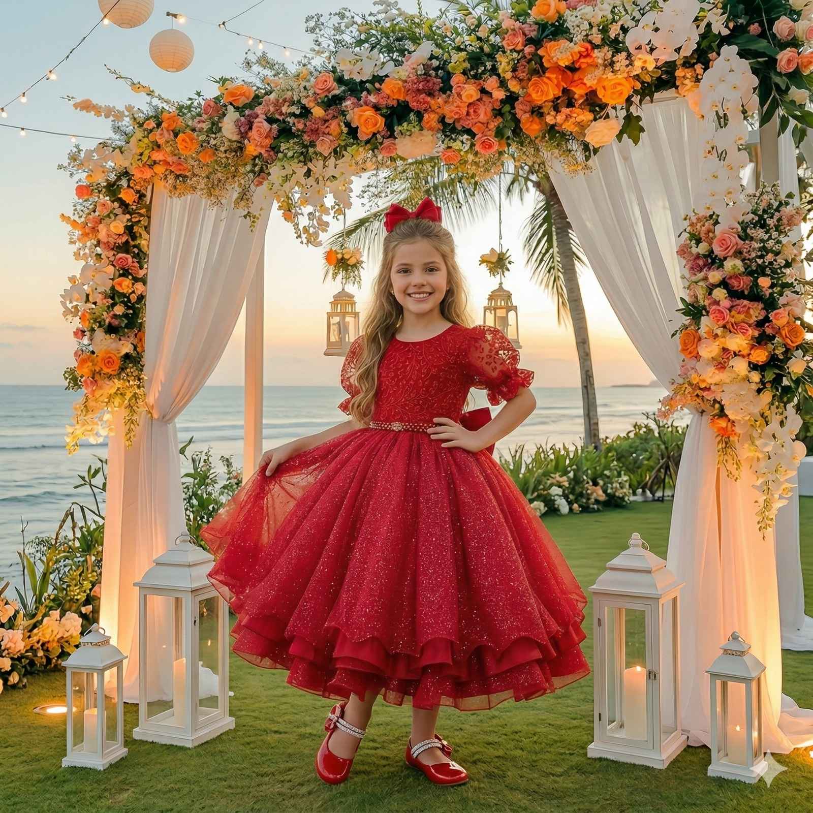 Vestido Infantil Vermelho em Tecido Misto com Gola Redonda e Laço