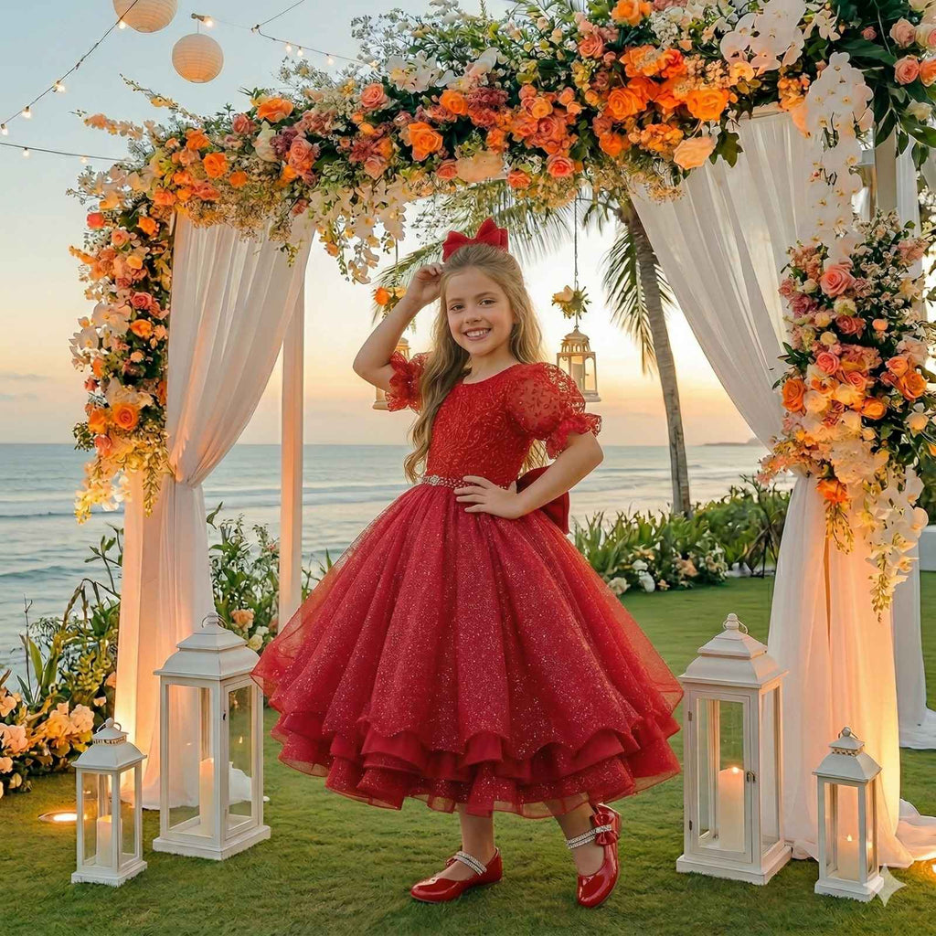 Vestido Infantil Vermelho em Tecido Misto com Gola Redonda e Laço