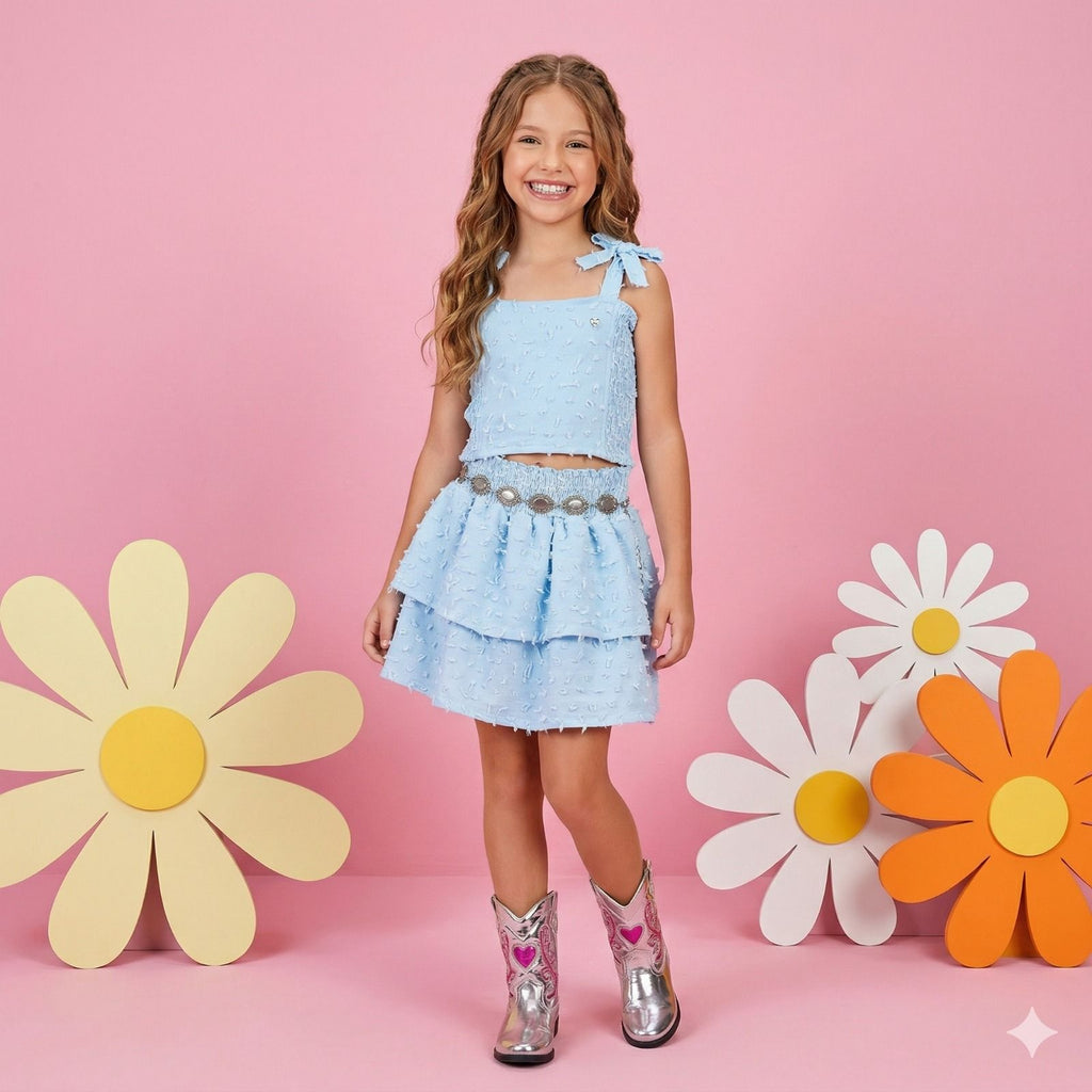Conjunto Infantil Azul Bebê com Blusinha, Saia e Cinto