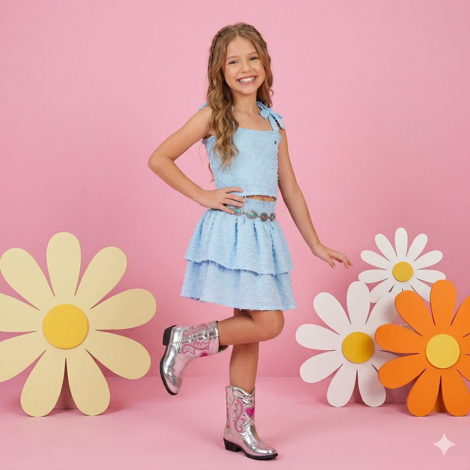 Conjunto Infantil Azul Bebê com Blusinha, Saia e Cinto