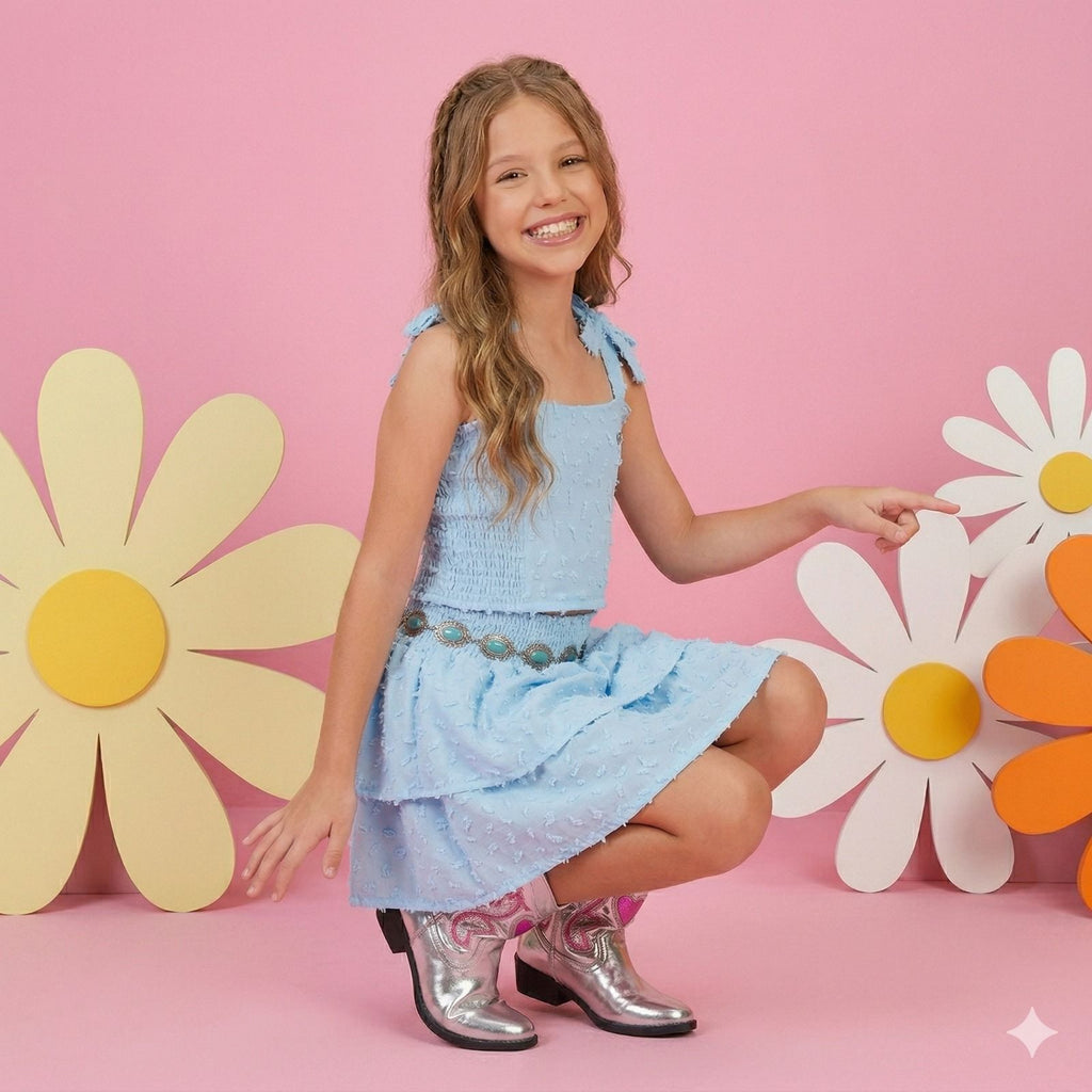 Conjunto Infantil Azul Bebê com Blusinha, Saia e Cinto