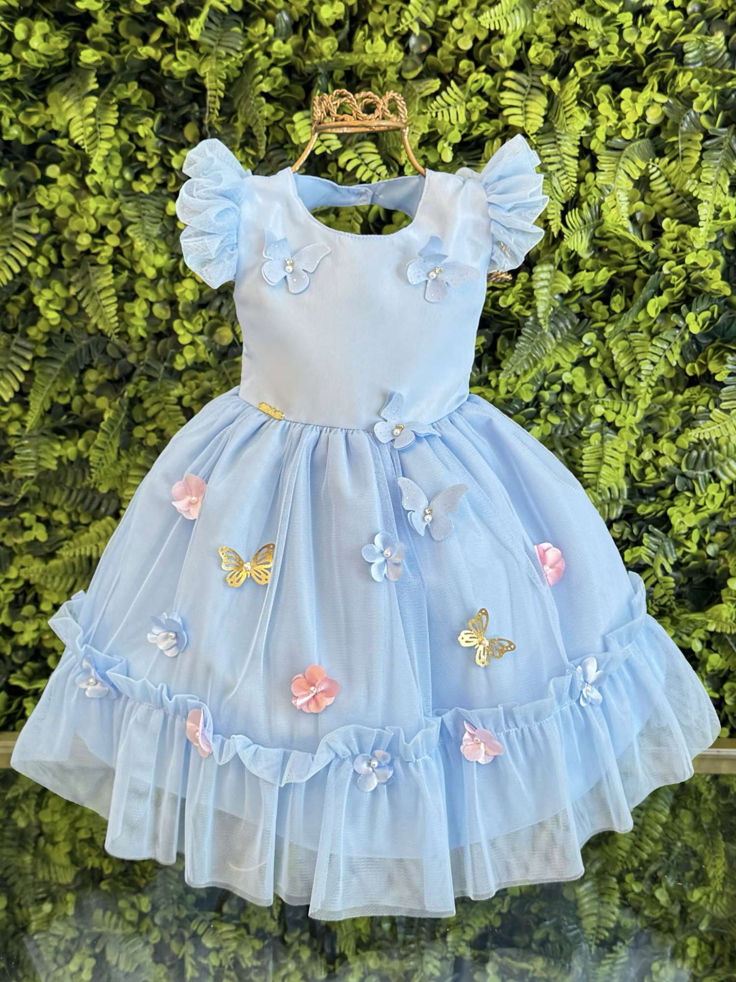 Vestido Bebê Azul Claro Luxo Jardim Encantado