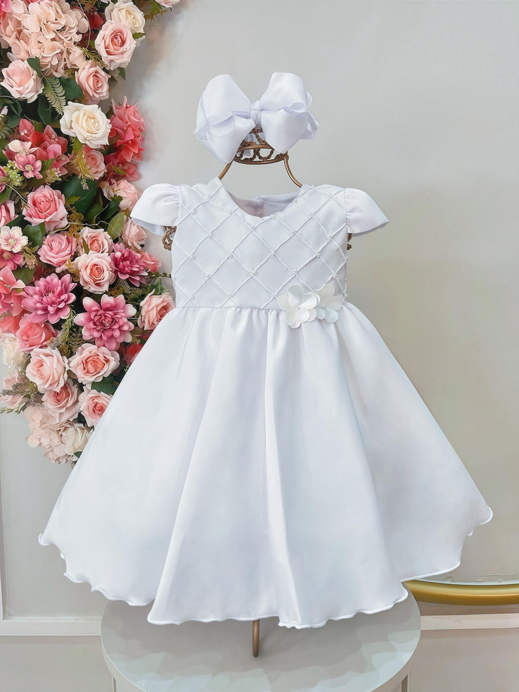 Vestido Bebê Branco Luxo Com Nervuras Para Batizado