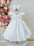 Vestido Bebê Branco Luxo Com Nervuras Para Batizado