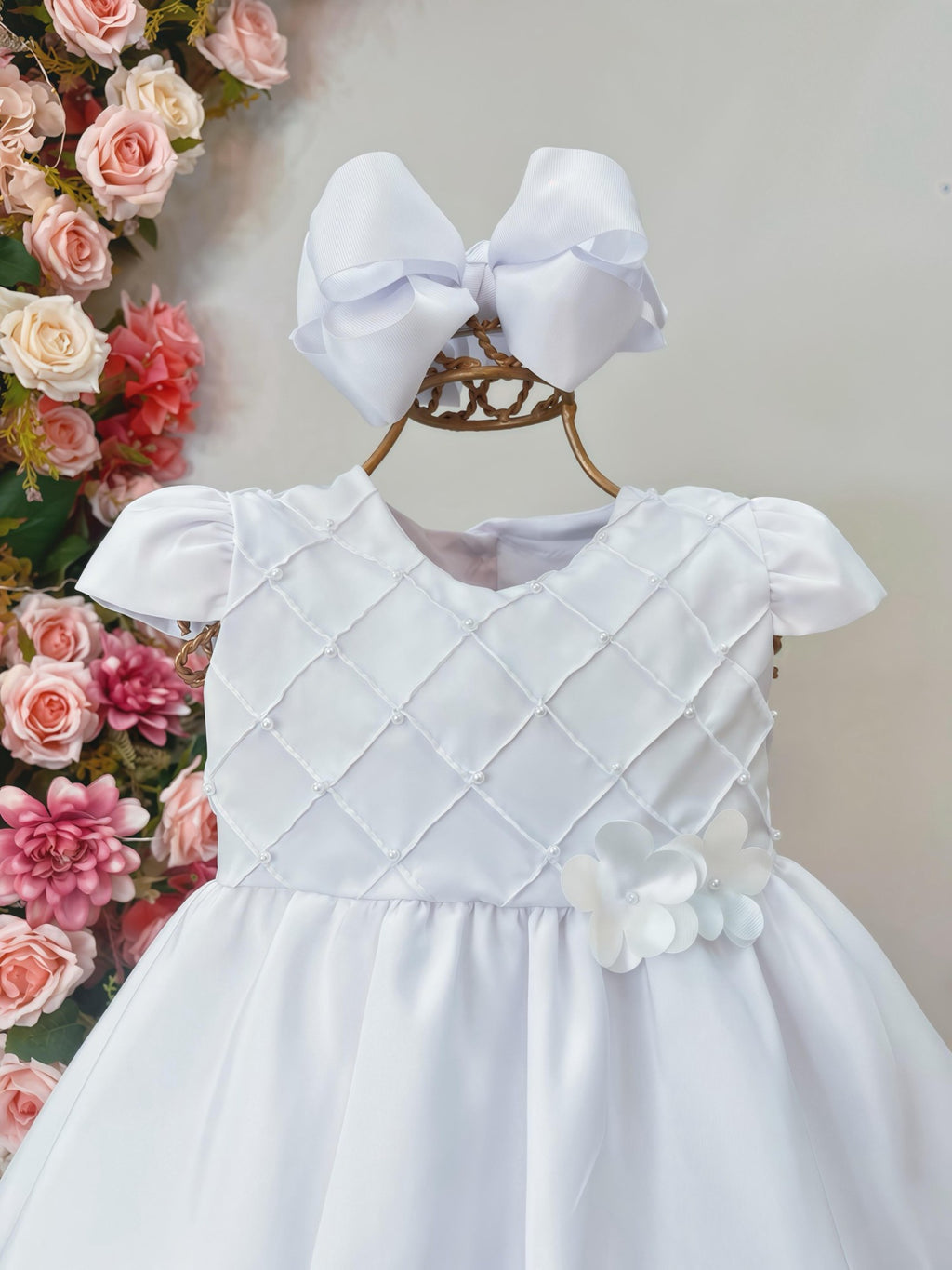 Vestido Bebê Branco Luxo Com Nervuras Para Batizado
