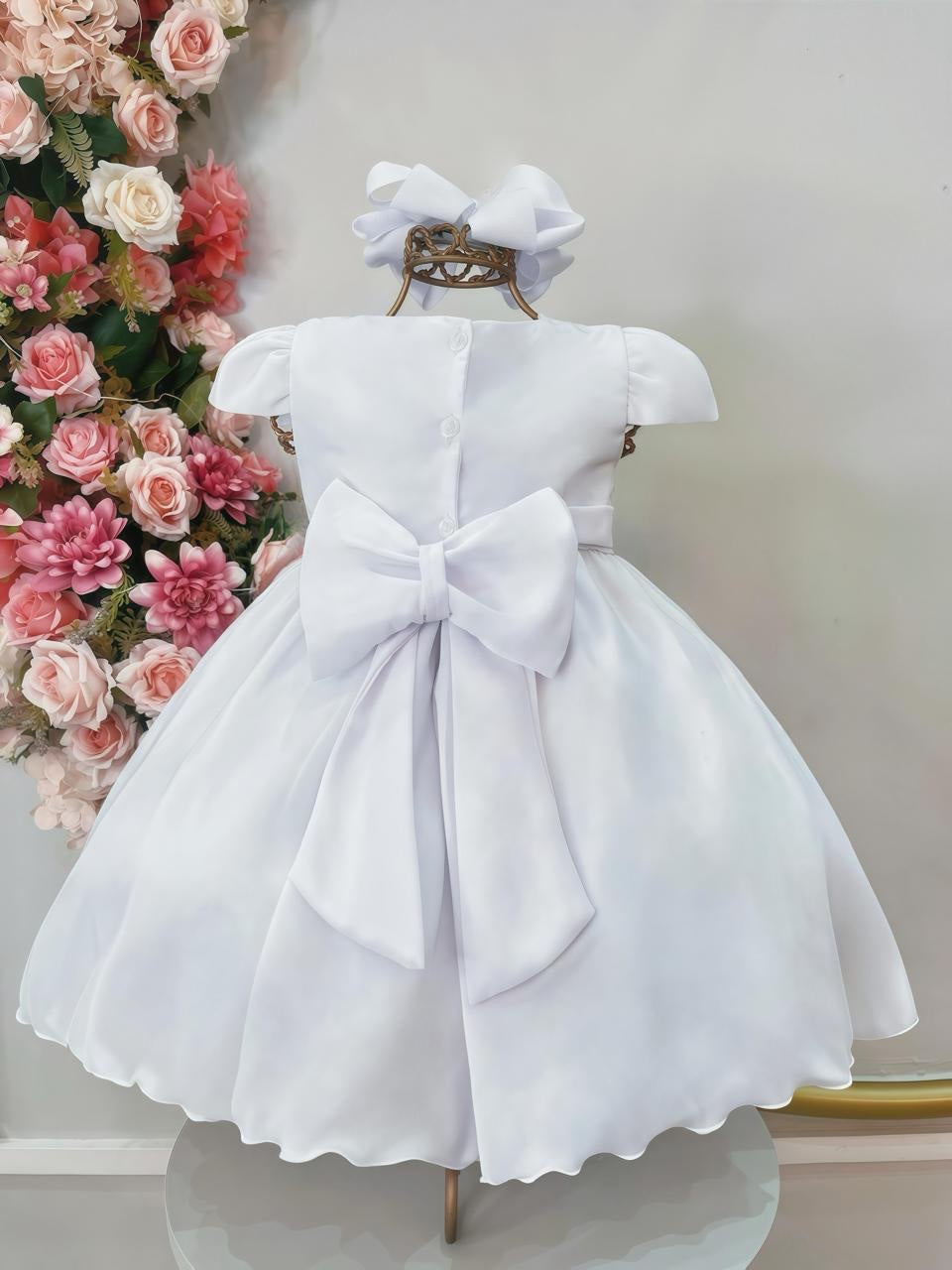 Vestido Bebê Branco Luxo Com Nervuras Para Batizado