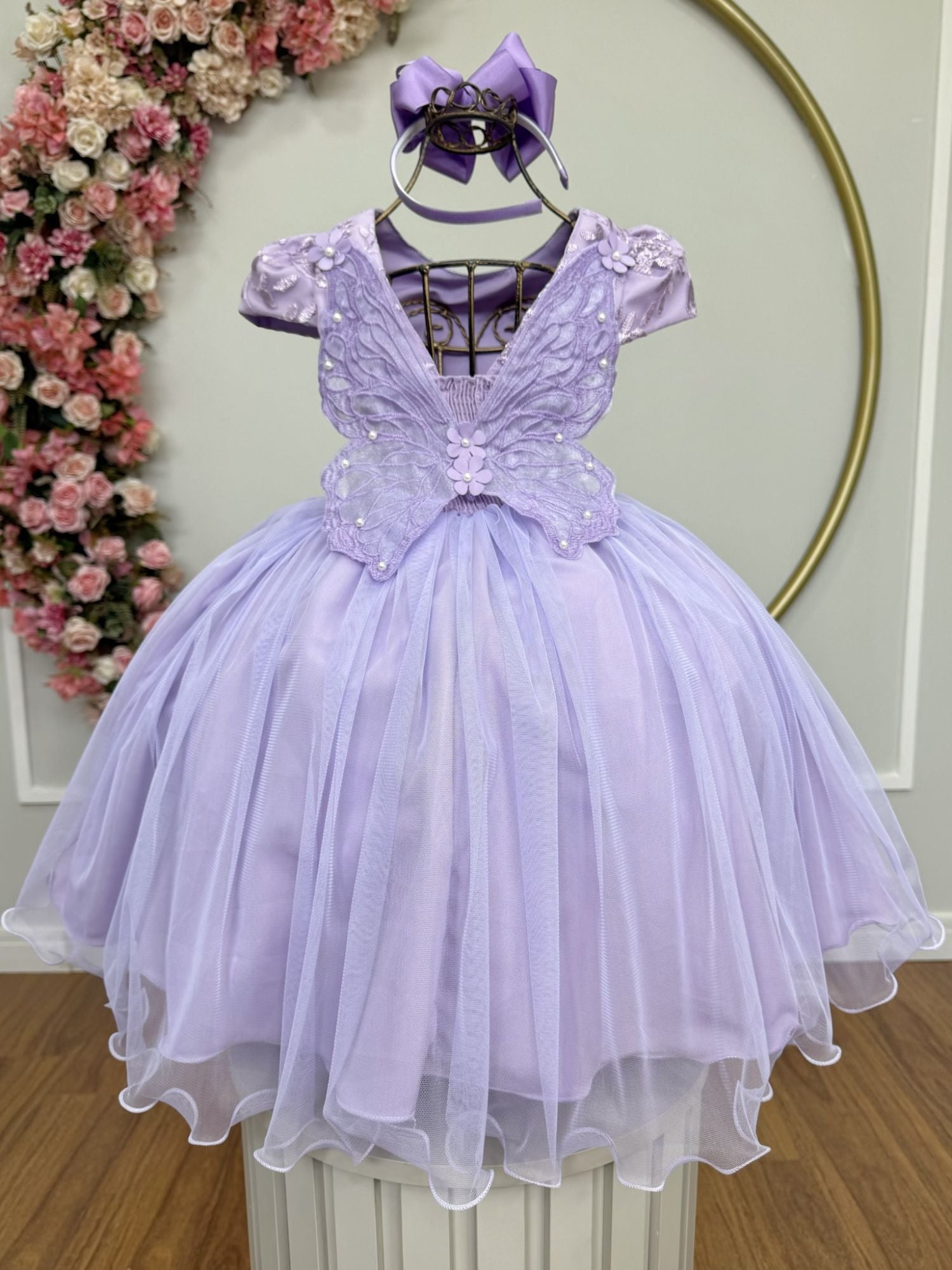 Vestido Infantil Jardim Encantado Com Renda Lilás Festas
