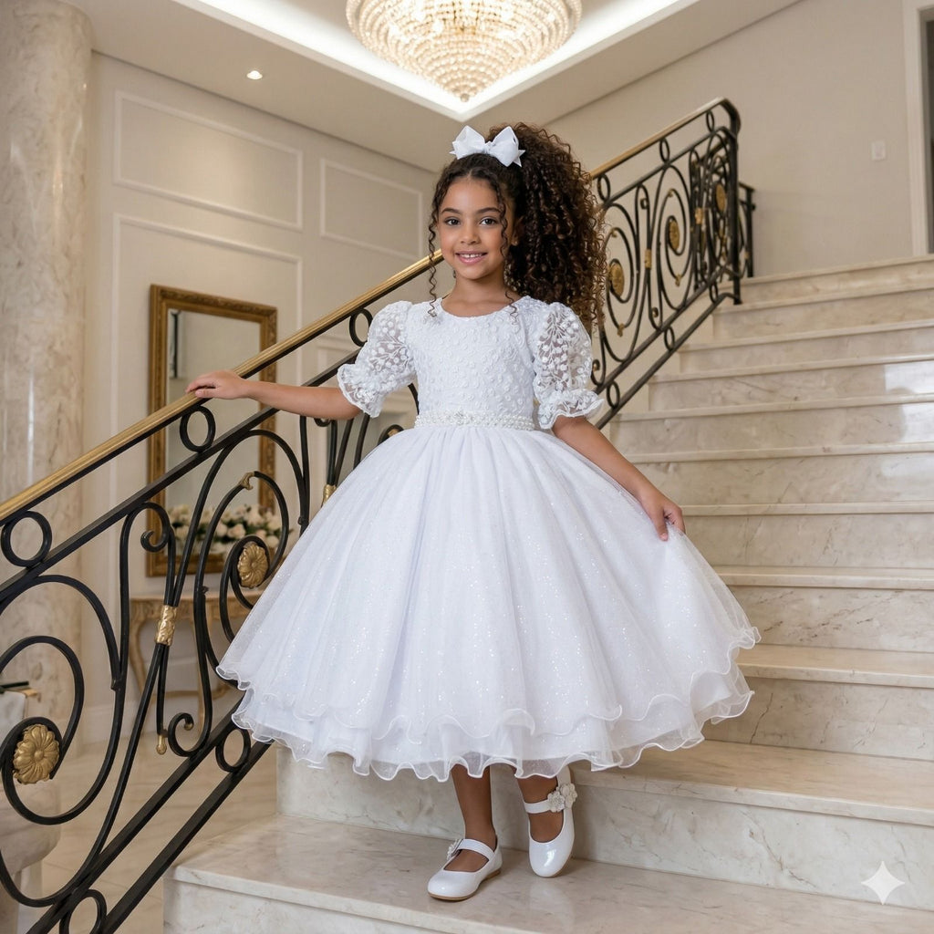 Vestido Infantil Branco em Tecido Misto com Laço