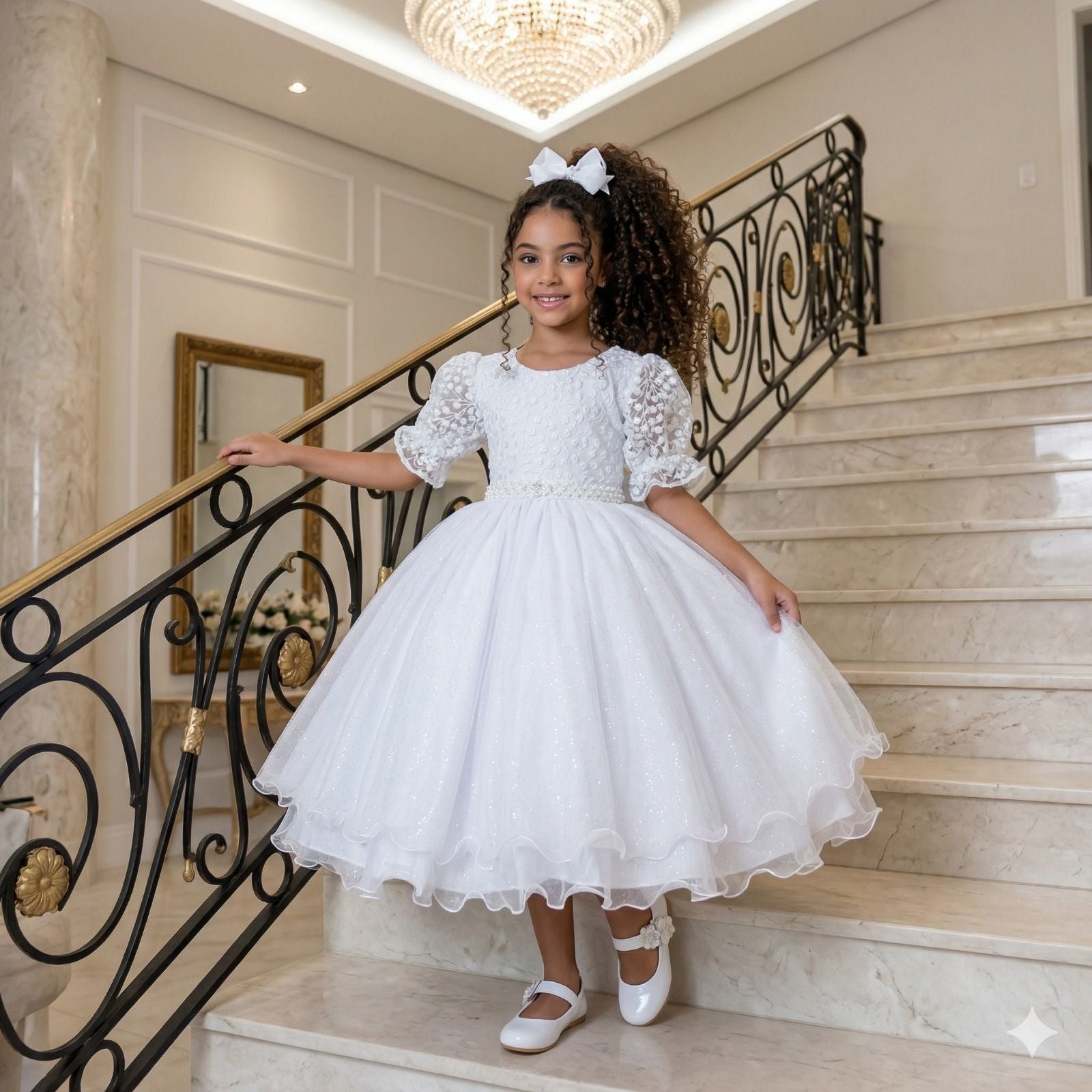 Vestido Infantil Branco em Tecido Misto com Laço