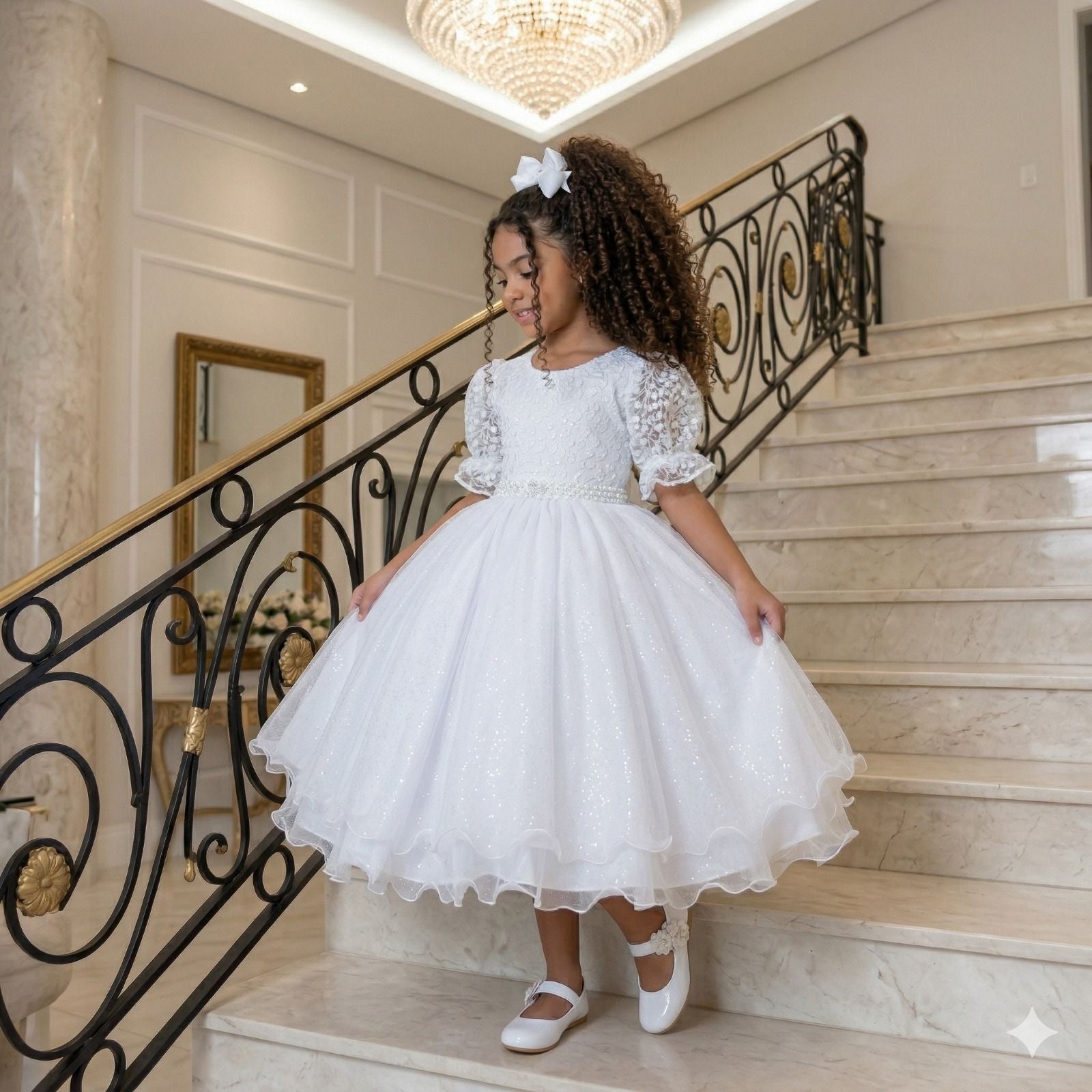 Vestido Infantil Branco em Tecido Misto com Laço