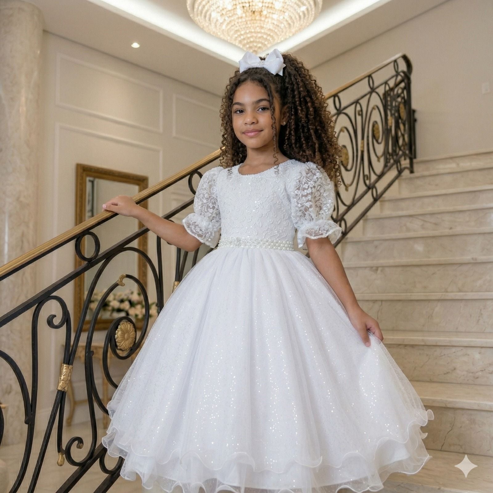 Vestido Infantil Branco em Tecido Misto com Laço