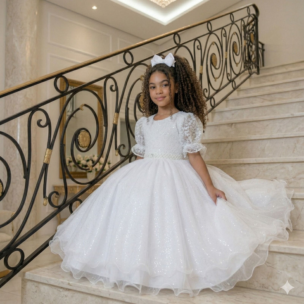 Vestido Infantil Branco em Tecido Misto com Laço