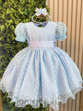 Vestido Bebê Azul Claro Com Poá e Detalhes em Pérolas para Festas