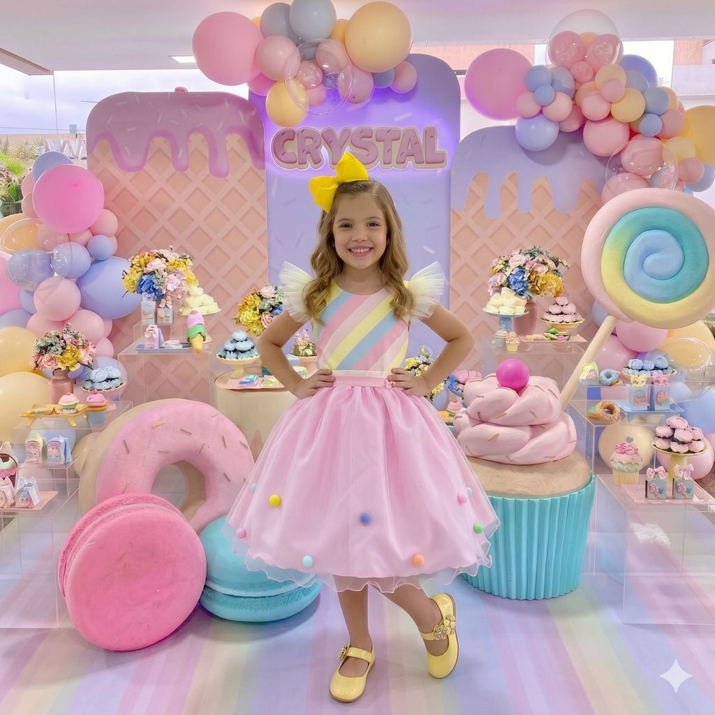 Vestido Temático Infantil Rosa com Tule e Pompons Coloridos