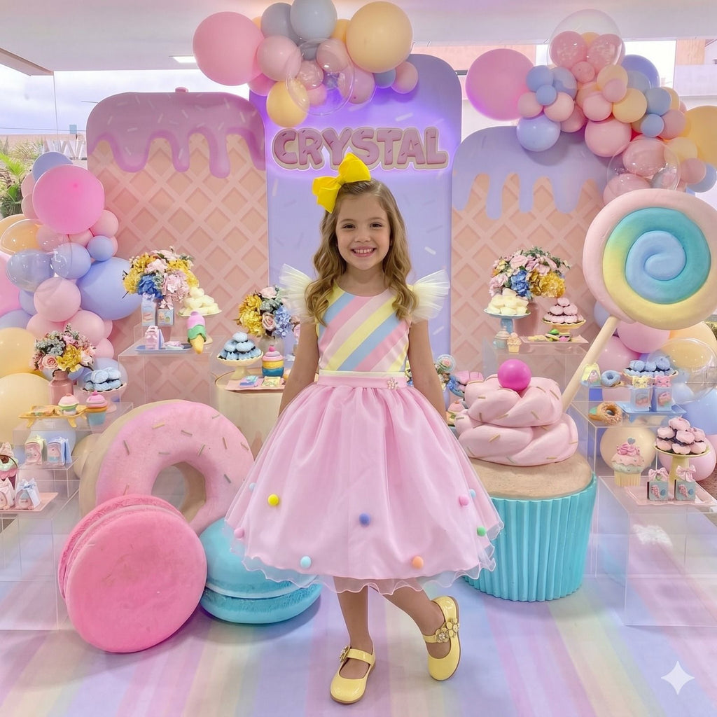 Vestido Temático Infantil Rosa com Tule e Pompons Coloridos