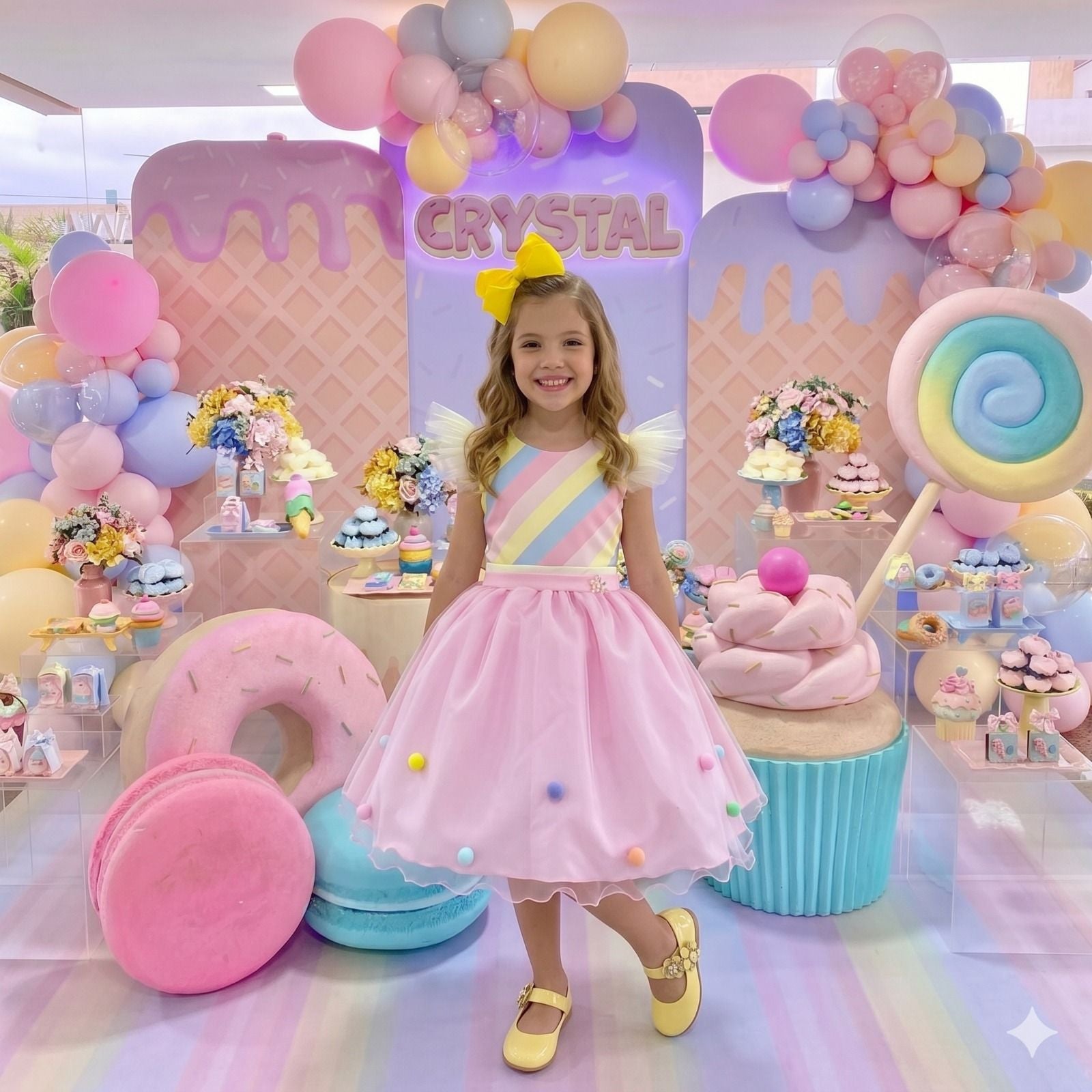 Vestido Temático Infantil Rosa com Tule e Pompons Coloridos