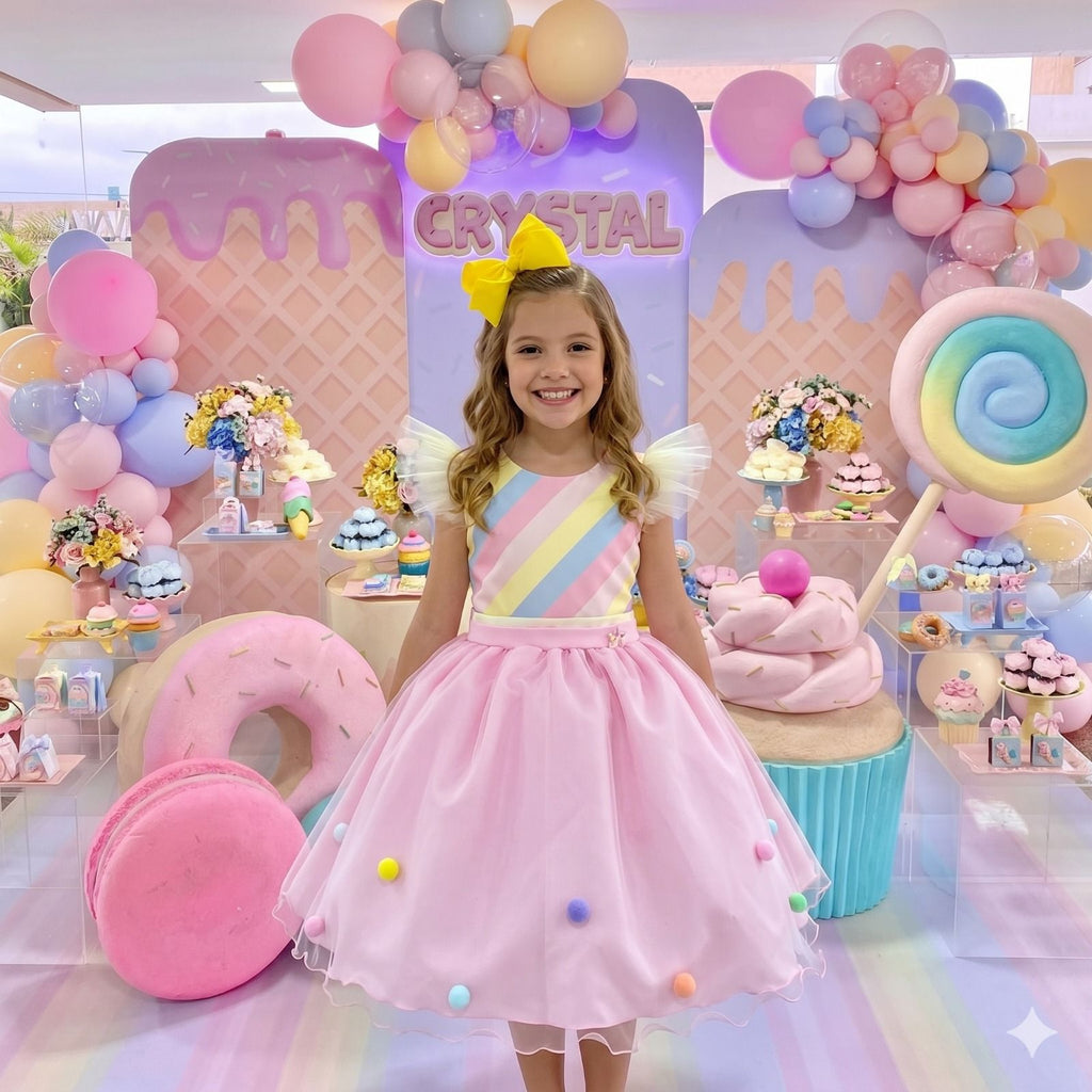 Vestido Temático Infantil Rosa com Tule e Pompons Coloridos