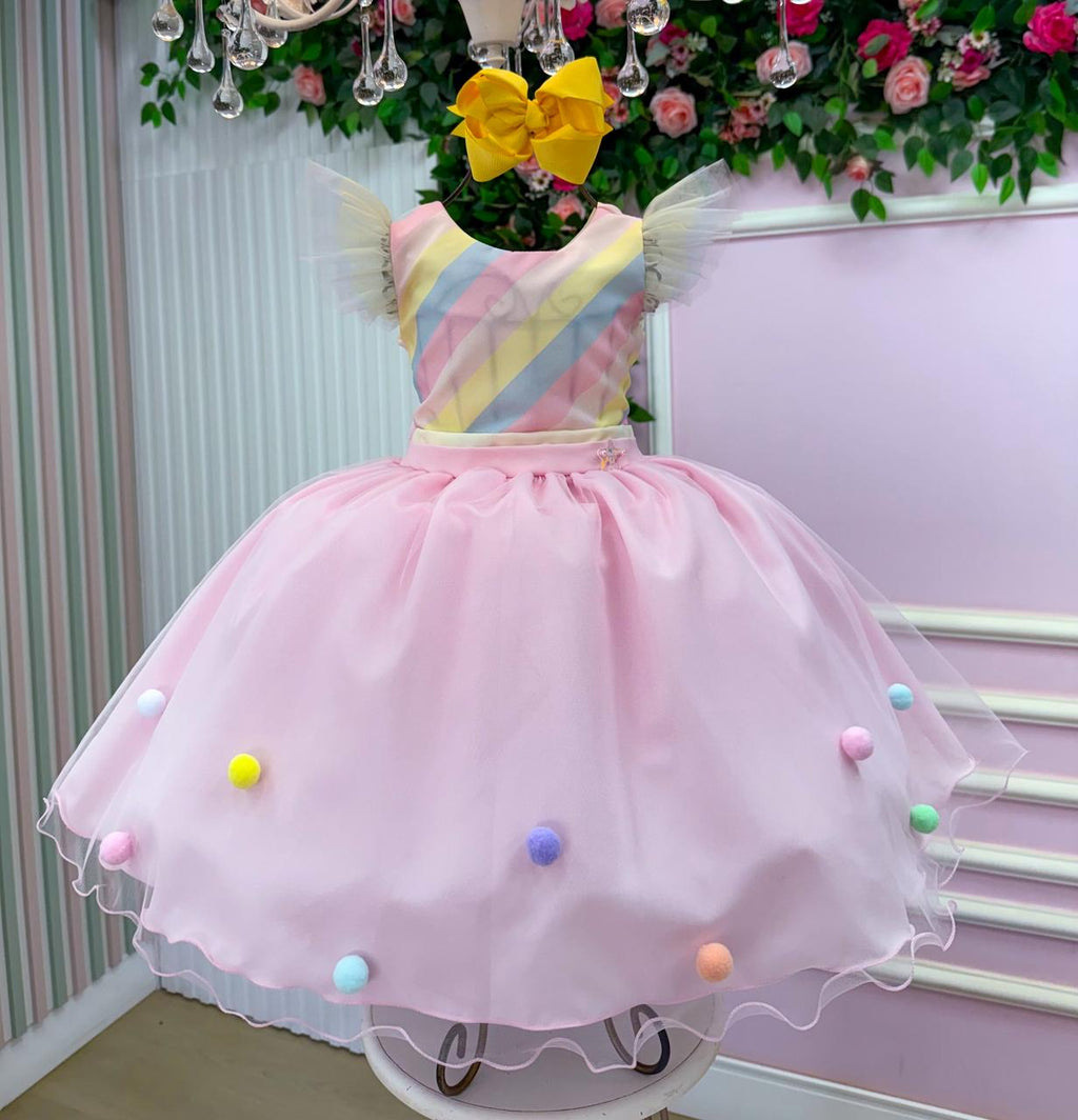 Vestido Temático Infantil Rosa com Tule e Pompons Coloridos